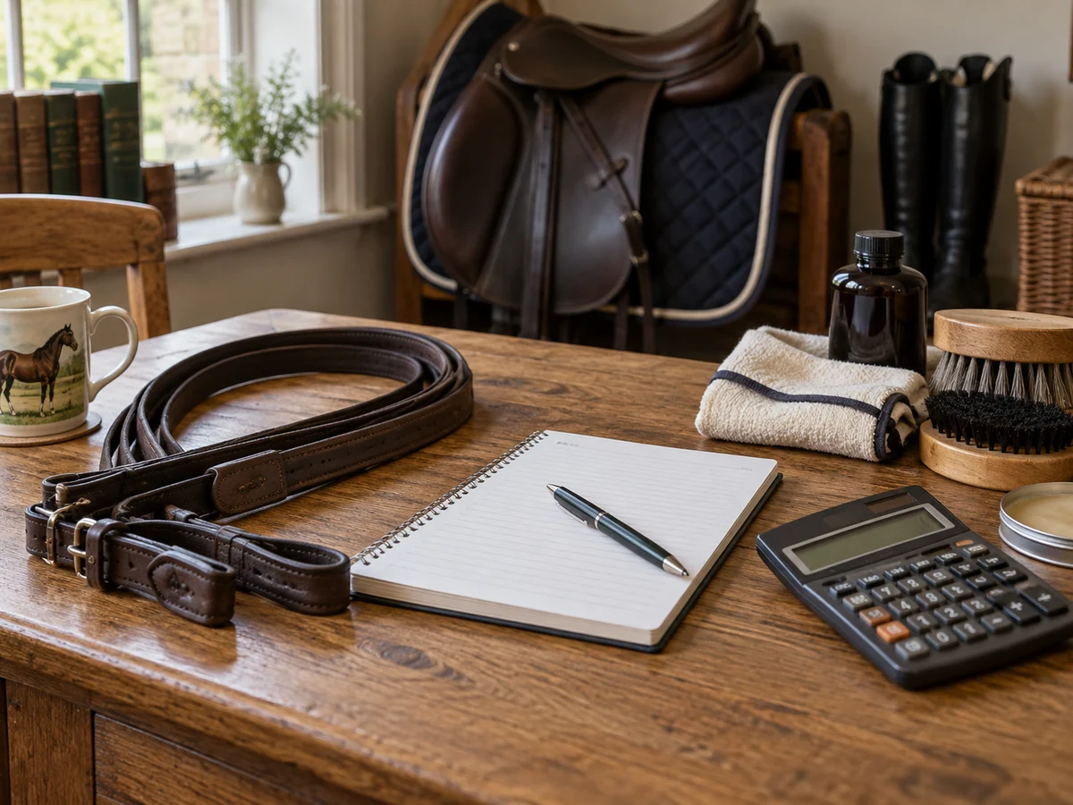 An oak desk with a plain notebook and calculator beside a folded leather rein and a small stack of saddle care supplies.