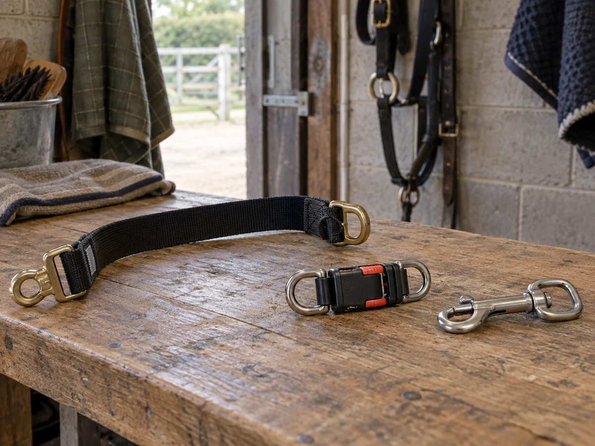 Stable tying equipment laid out for inspection on a workbench: short breakaway tie strap.