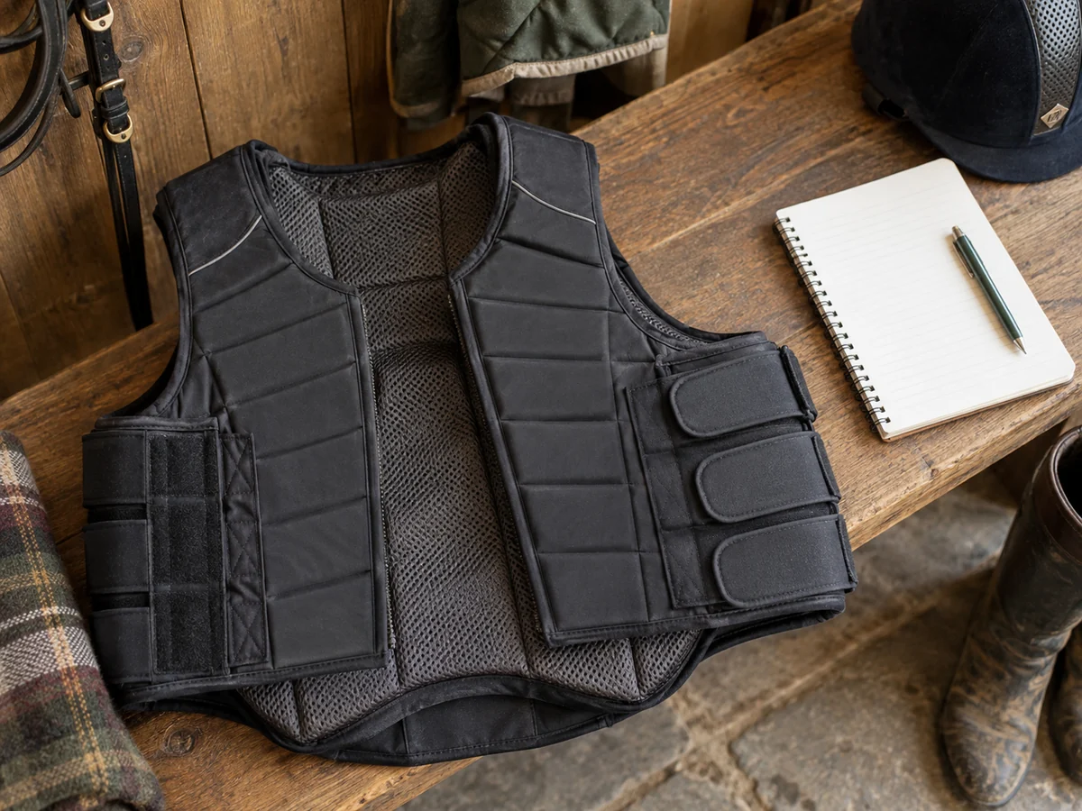 A second-hand equestrian body protector lying flat with inner lining and side fastening visible.