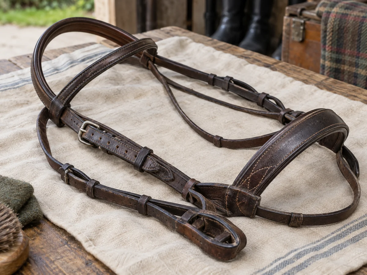 A second-hand leather bridle laid open on a cream cloth.