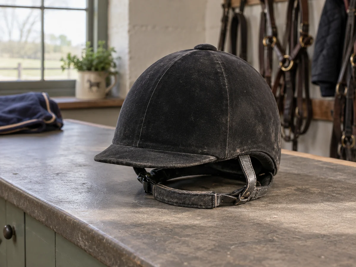 An older equestrian helmet resting alone on a plain inspection counter.