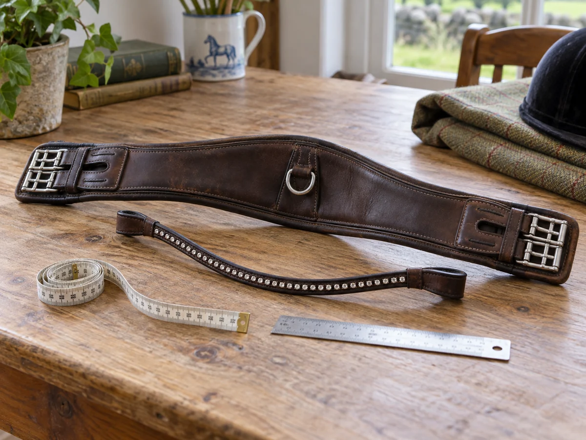 A detached used leather browband and girth arranged separately on a clean table beside a flexible tape and small ruler.
