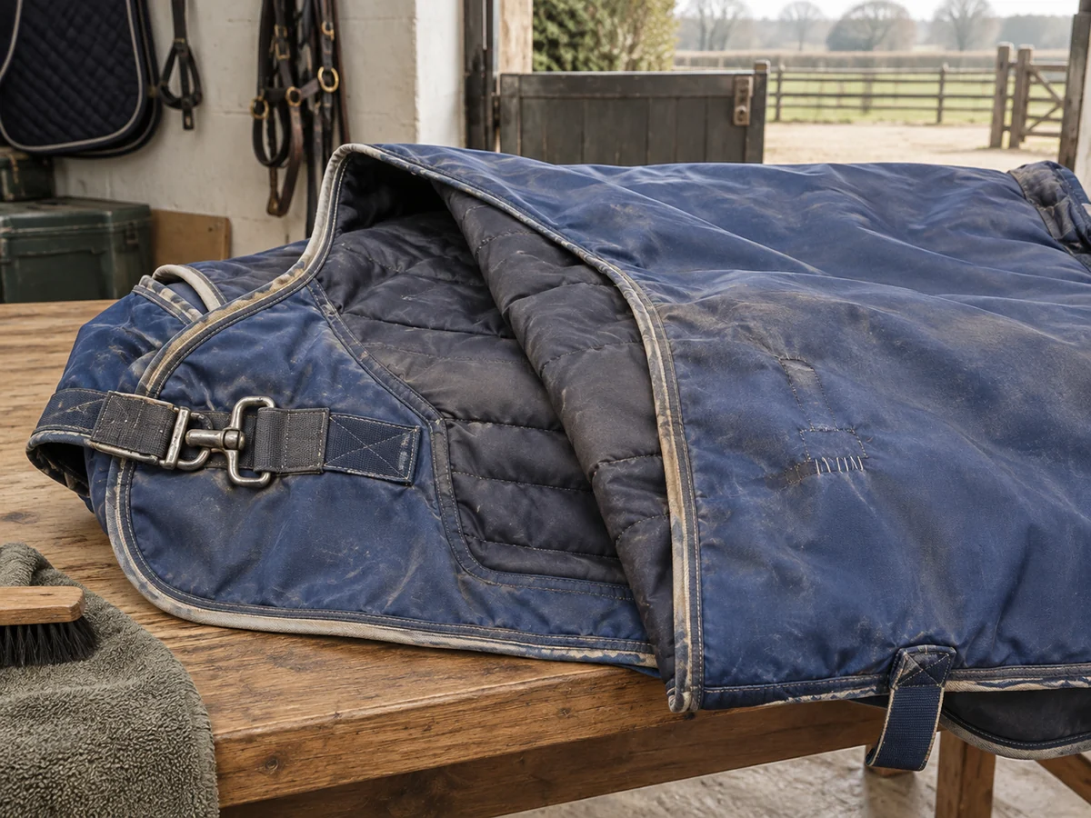 A second-hand blue horse rug folded back to show lining.