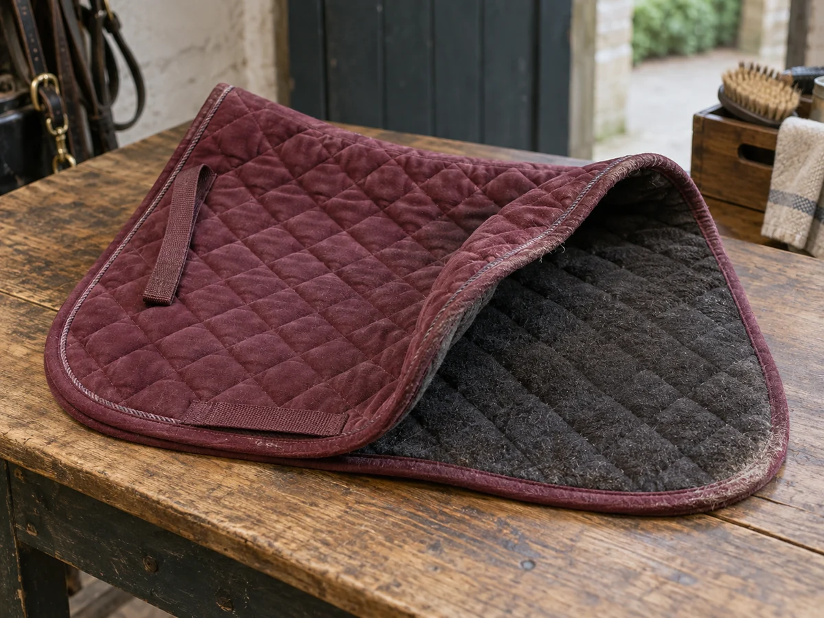 A used quilted burgundy saddle pad folded to expose both top fabric and horse-contact underside.