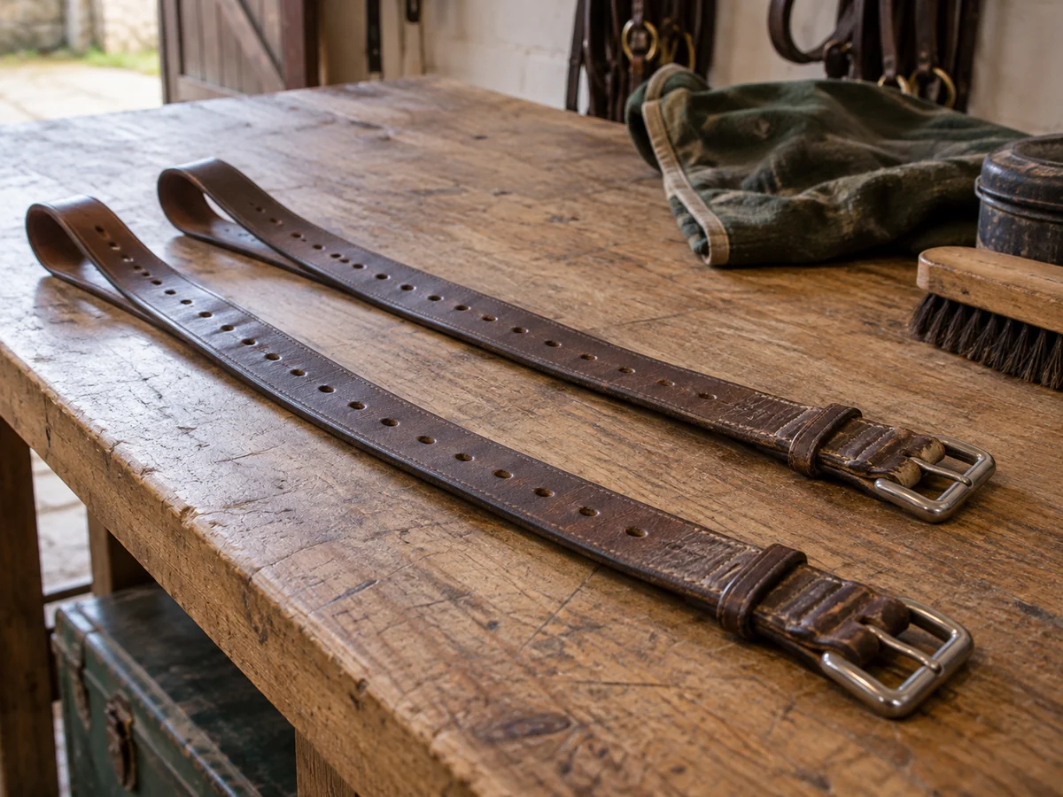 Two used brown stirrup leathers side by side on a long workbench.