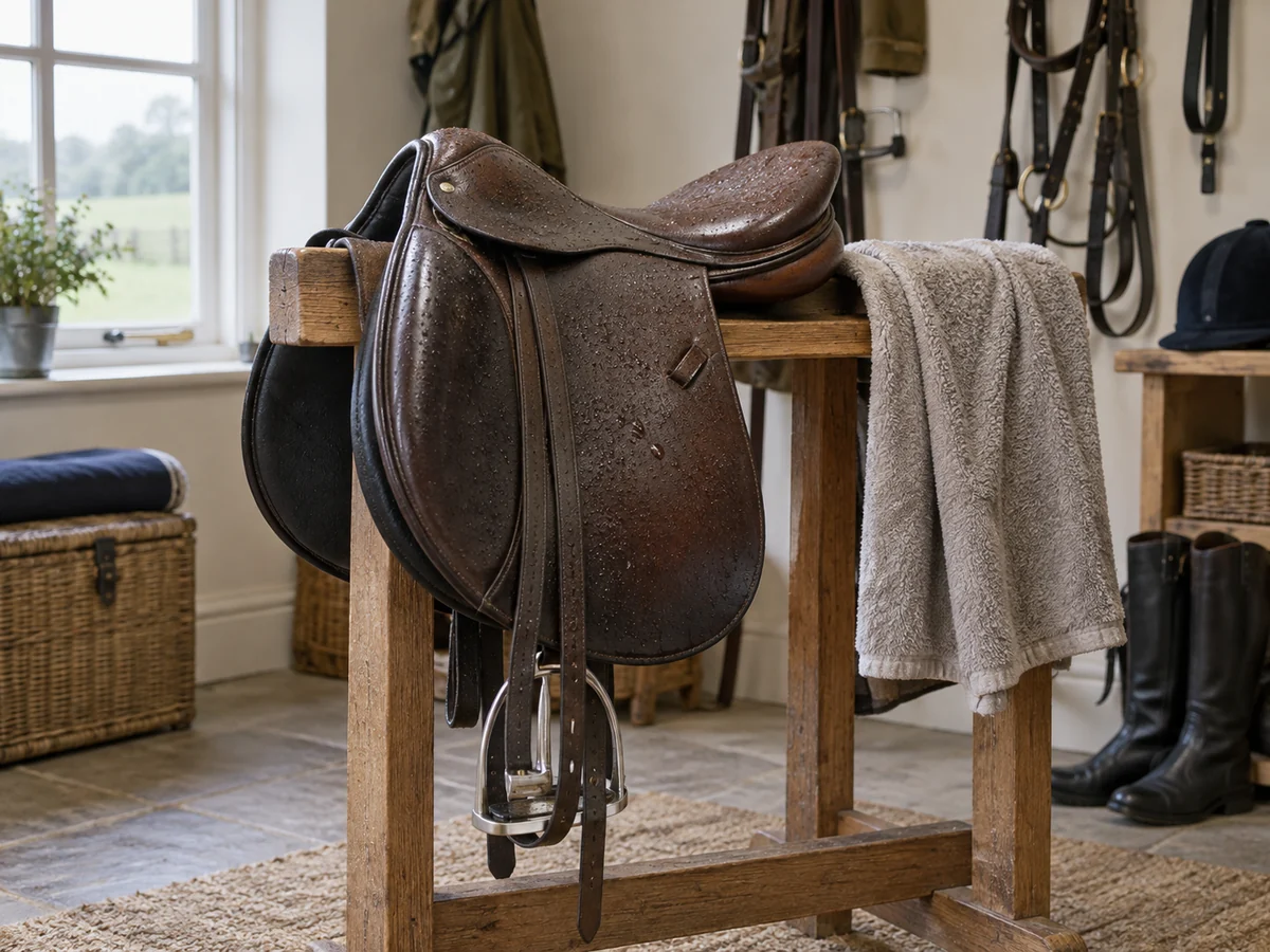 A rain-damp English saddle resting on a broad rack in an airy tack room.