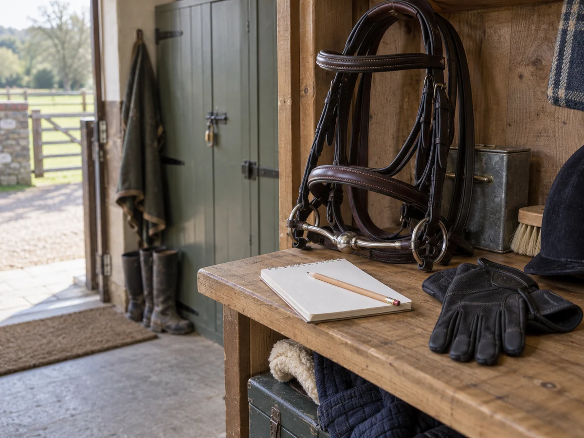 A small blank notebook and pencil resting on a tack room shelf beside a neatly buckled bridle and clean gloves.