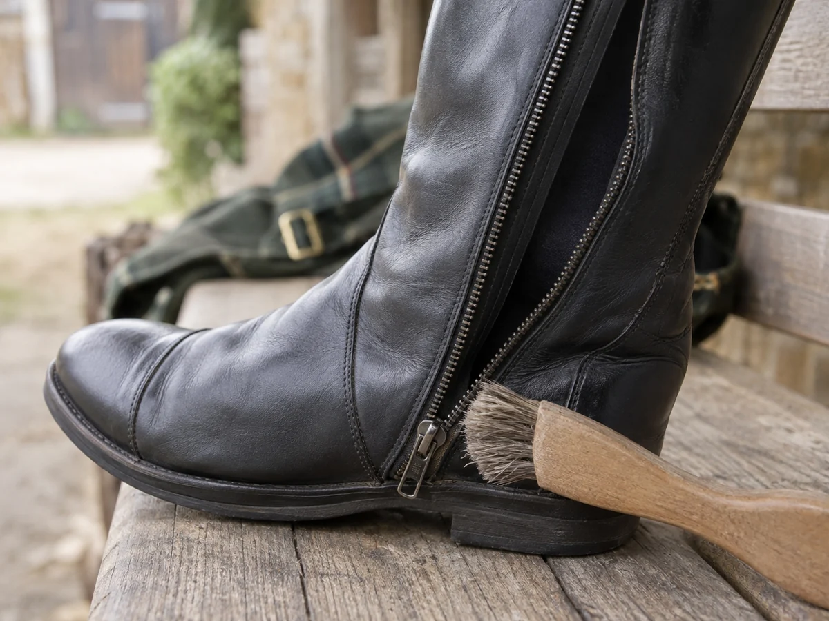 Macro view of a black riding boot zip opened halfway with a small dry soft brush beside the teeth.