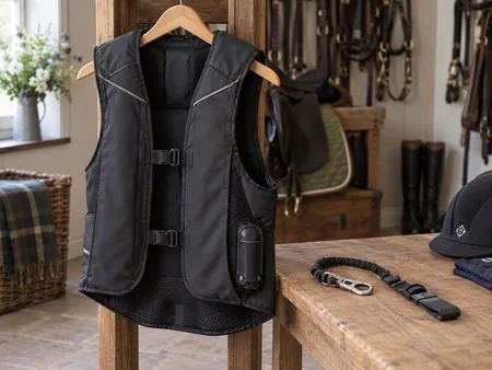 An uninflated equestrian air vest on a hanger beside its detached lanyard.