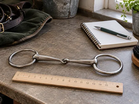 A clean stainless snaffle bit resting beside a plain measuring ruler and notebook on a worktop.