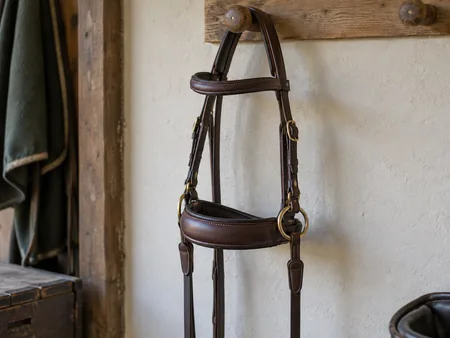 A simple brown leather sidepull bitless bridle hanging from a broad rounded peg.