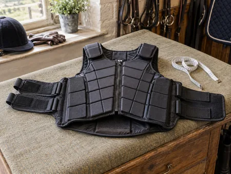 A modern dark segmented equestrian body protector laid flat on a fitting bench with adjustable side straps open.