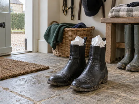 Two damp black paddock boots standing upright with absorbent paper loosely inside them in an airy utility room.