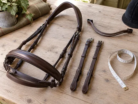 A detached plain brown English bridle laid out neatly beside a flexible tape measure on pale wood.