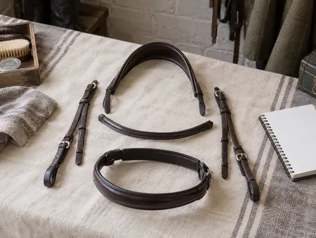 A disassembled plain leather English bridle arranged carefully by component on cream fabric.