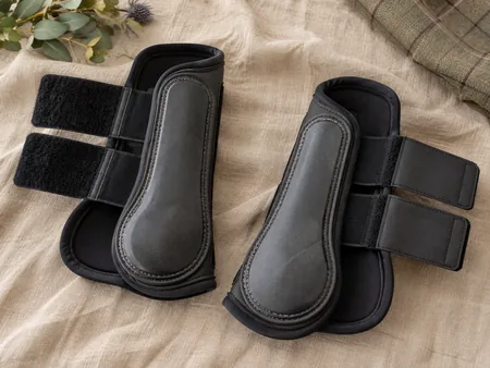 Two open horse brushing boots laid flat on tan linen.