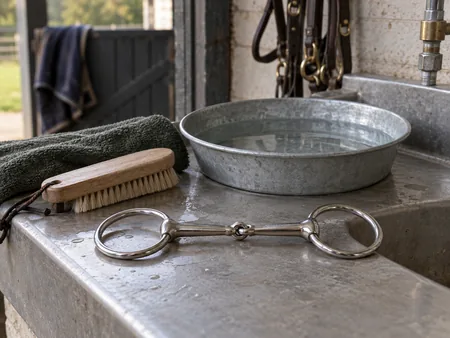 A plain stainless snaffle bit beside a small soft brush and shallow basin of clear water on a utility sink ledge.