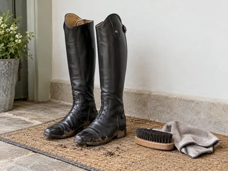 A pair of black English riding boots on a mat beside a soft boot brush and cloth.