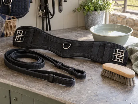 Black synthetic English girth and synthetic reins laid on a washable worktop next to a soft brush and bowl of clean water.