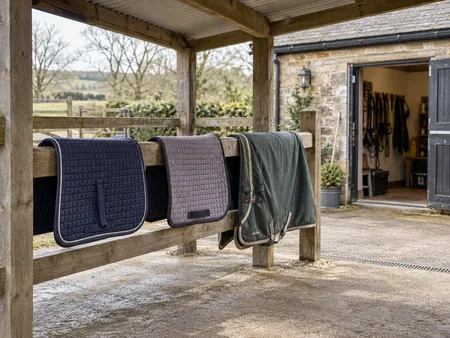 A practical covered drying area with saddle pads and a light horse rug spaced apart on broad rails.