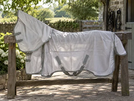 A pale mesh horse fly rug neatly spread over a broad rack.