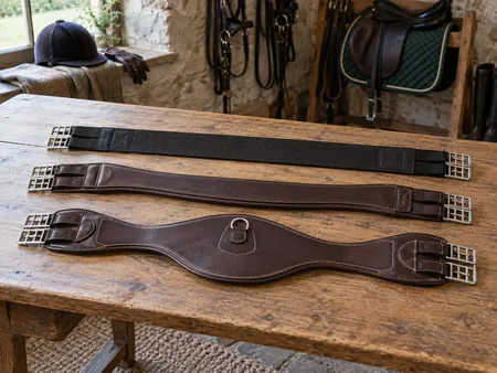 Three complete horse girths lying separately on a wide oak table.