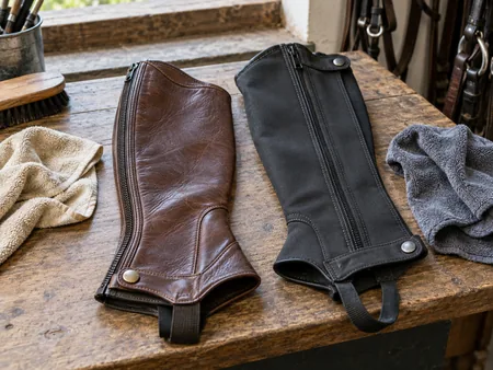 One brown leather half chap and one black synthetic half chap lying open on a workbench beside separate soft cloths.