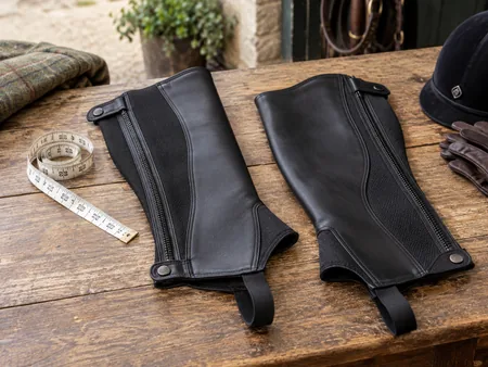 Two black leather half chaps open on a table beside a soft tape measure.