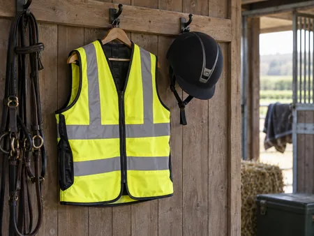 A fluorescent yellow equestrian high-visibility waistcoat with broad silver reflective strips hanging next to a plain riding helmet.