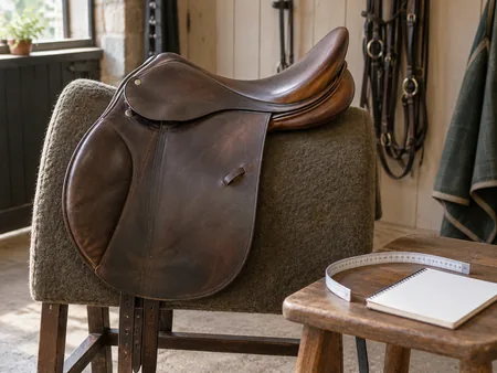 An English saddle on a padded stand beside a flexible curve ruler and plain notebook in a quiet fitting area.