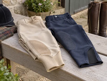 A pair of beige jodhpurs folded beside navy riding breeches on a pale wooden bench.