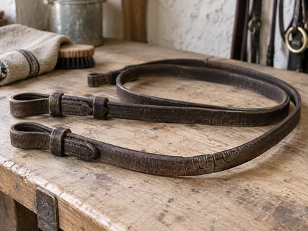 A detached old brown leather rein showing clear surface cracking at a bend on a light workbench.