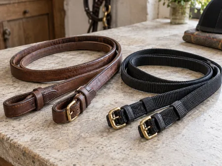 Two detached equestrian rein straps on a pale stone worktop: supple brown leather with visible grain alongside black woven synthetic webbing.