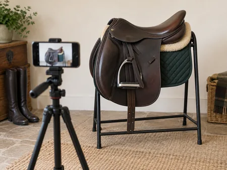 A smartphone on a small tripod aimed at an English saddle on a stand against a plain cream wall.