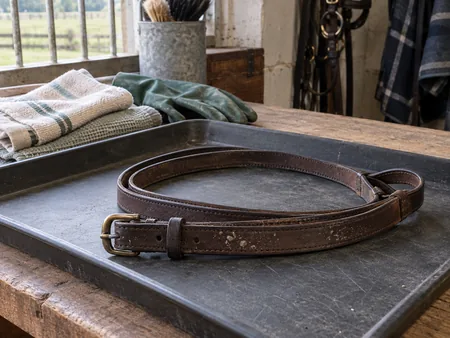 An unused leather strap with a few pale mould specks isolated on a washable tray in a ventilated work area.