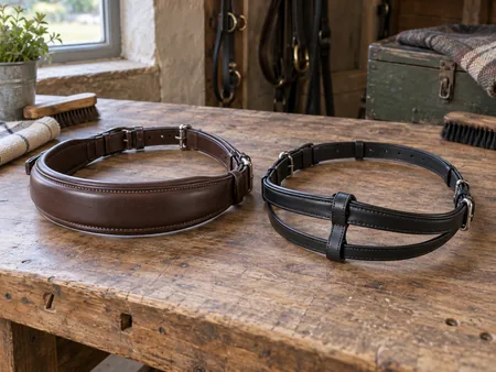 A detached plain padded brown cavesson noseband and separate black flash noseband on a large clean workbench.