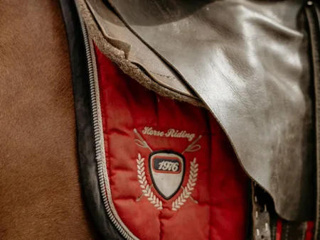 A red quilted saddle pad extends beneath a brown English saddle.