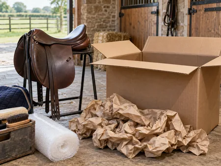 A large open strong cardboard shipping box beside an English saddle on a stand and generous crumpled packing paper.