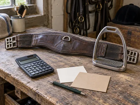 A calculator and two plain note cards next to a used leather girth and stirrup iron on a broad workbench.