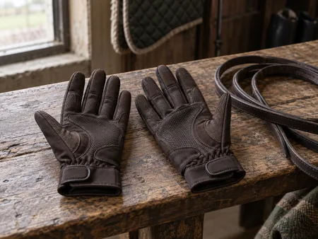 Brown riding gloves and leather reins on a wooden bench.