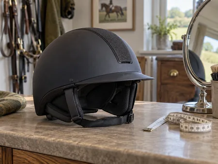 A plain modern equestrian riding helmet on a fitting counter beside a flexible tape measure and mirror.