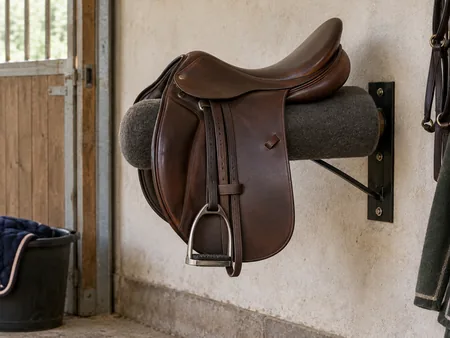 One brown English saddle resting evenly on a broad rounded padded saddle rack attached to a plain stable wall.