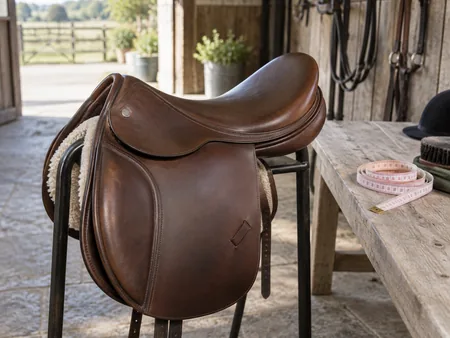 A brown English saddle on a stand viewed slightly from above.