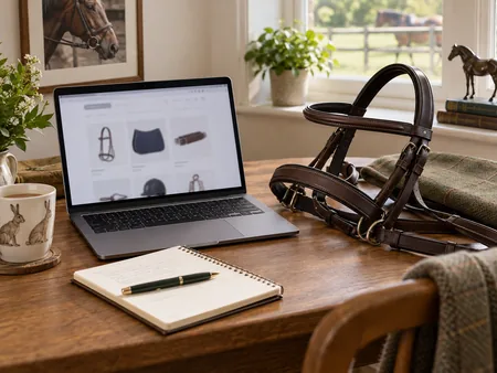 A laptop with an indistinct blank shopping page beside a brown bridle and a notebook on a clean desk.