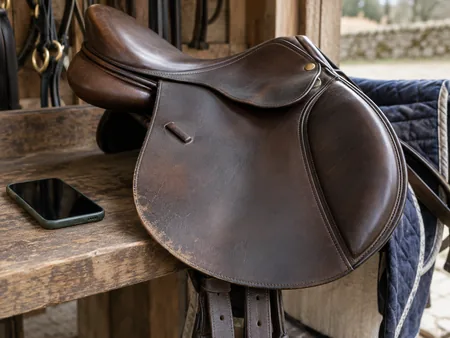 Close view of modest scuffs on the edge of a used English saddle flap with a phone camera nearby on the bench.