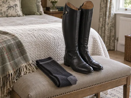 A pair of thin long riding socks folded beside black tall riding boots on a bedroom bench.