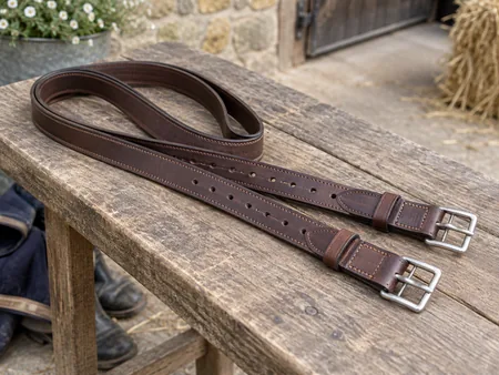 A pair of brown English stirrup leathers neatly laid in long loops on a wooden bench.