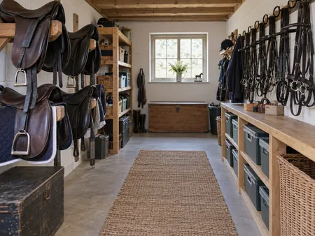 Wide view of a modest tidy British-style tack room with separate English saddle racks.