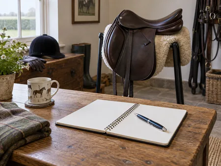 A plain agreement notebook and pen on a wooden desk with an English saddle on a stand behind it.