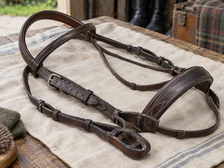 A second-hand leather bridle laid open on a cream cloth.